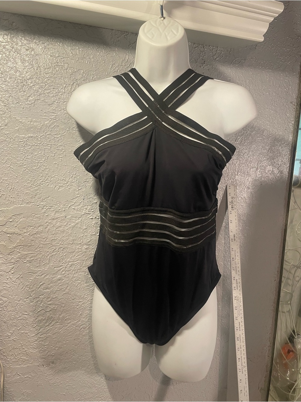 Black Strappy One-Piece Swimsuit with Metallic Trim